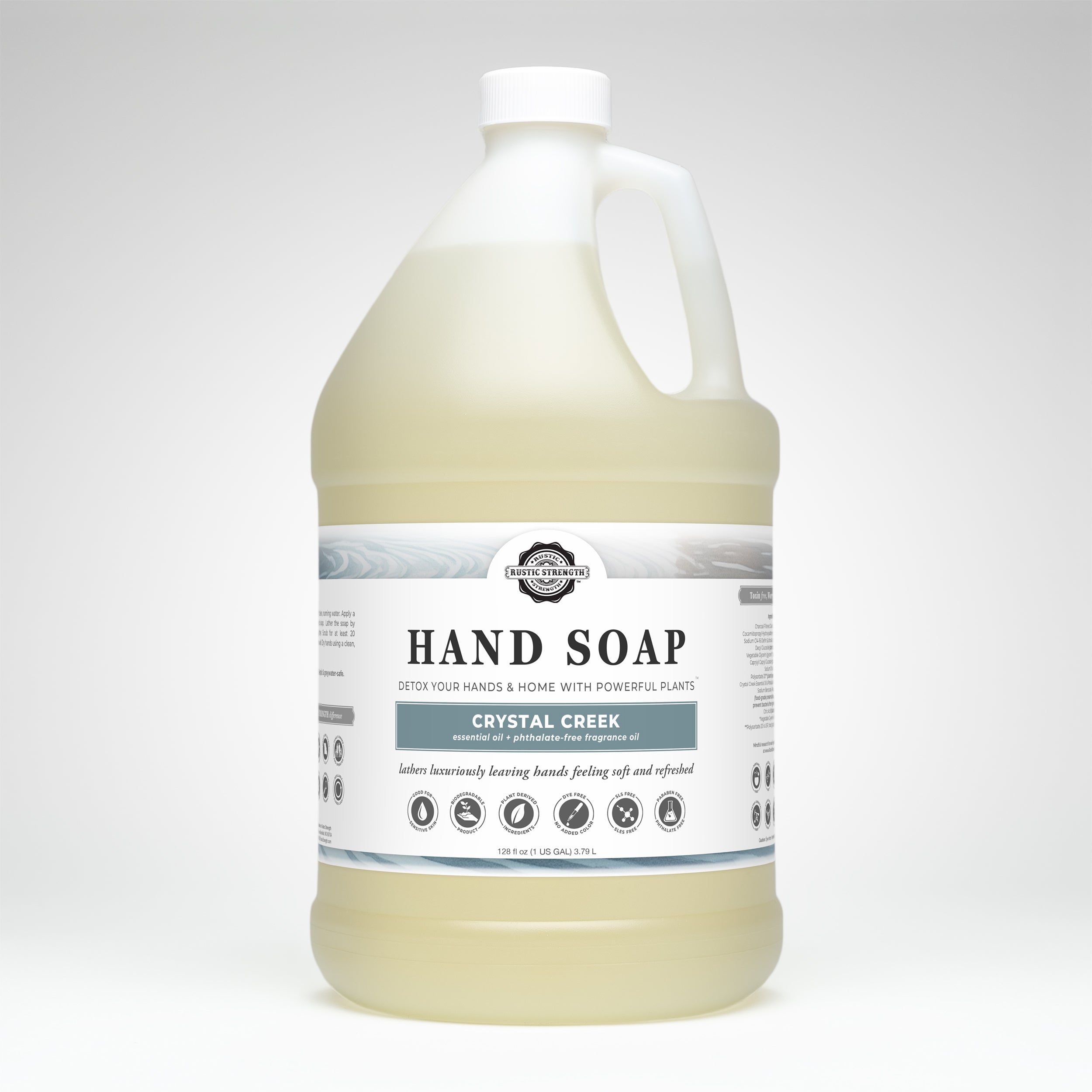 Gallon container of Crystal Creek hand soap on a white background