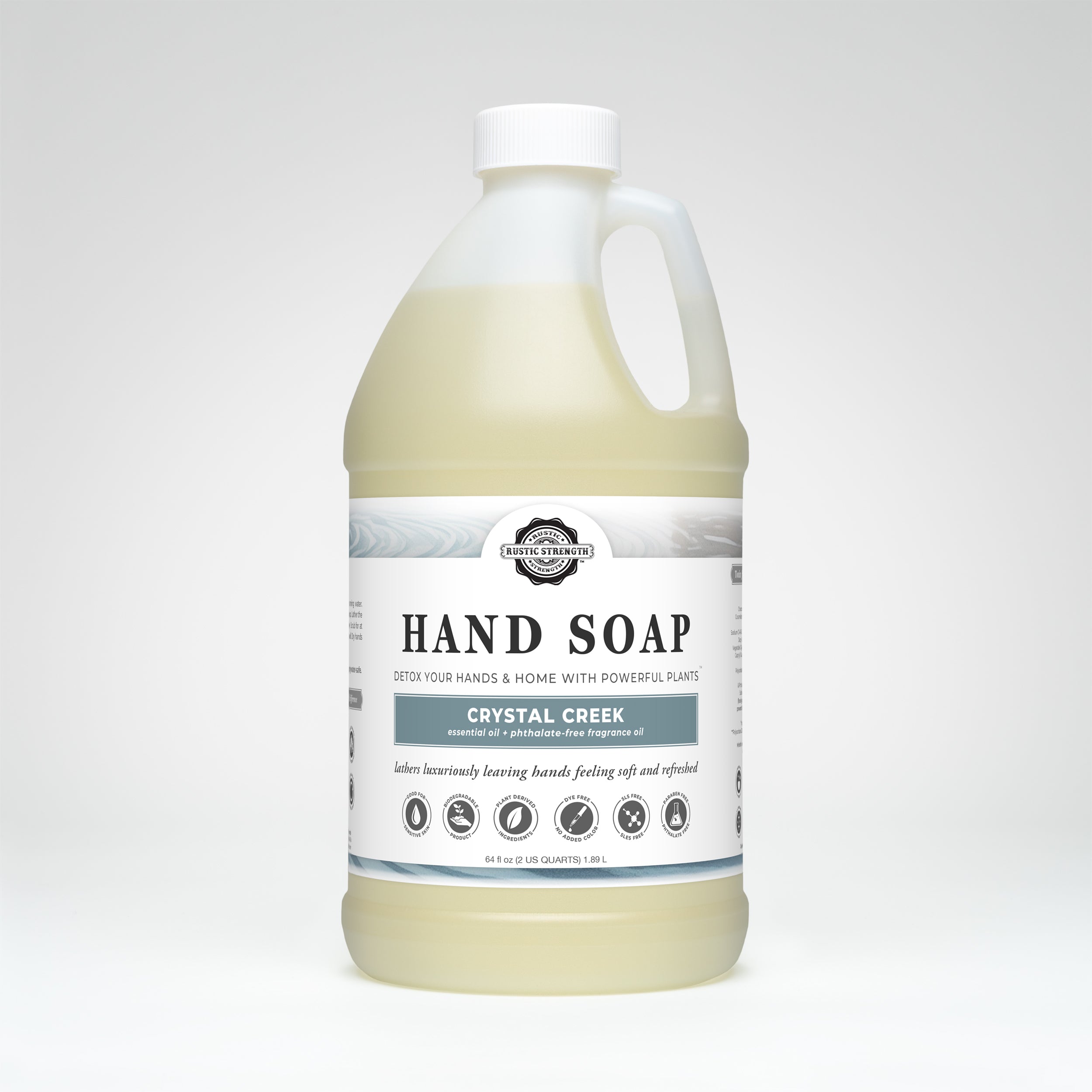 Half gallon container of Crystal Creek hand soap on a white background