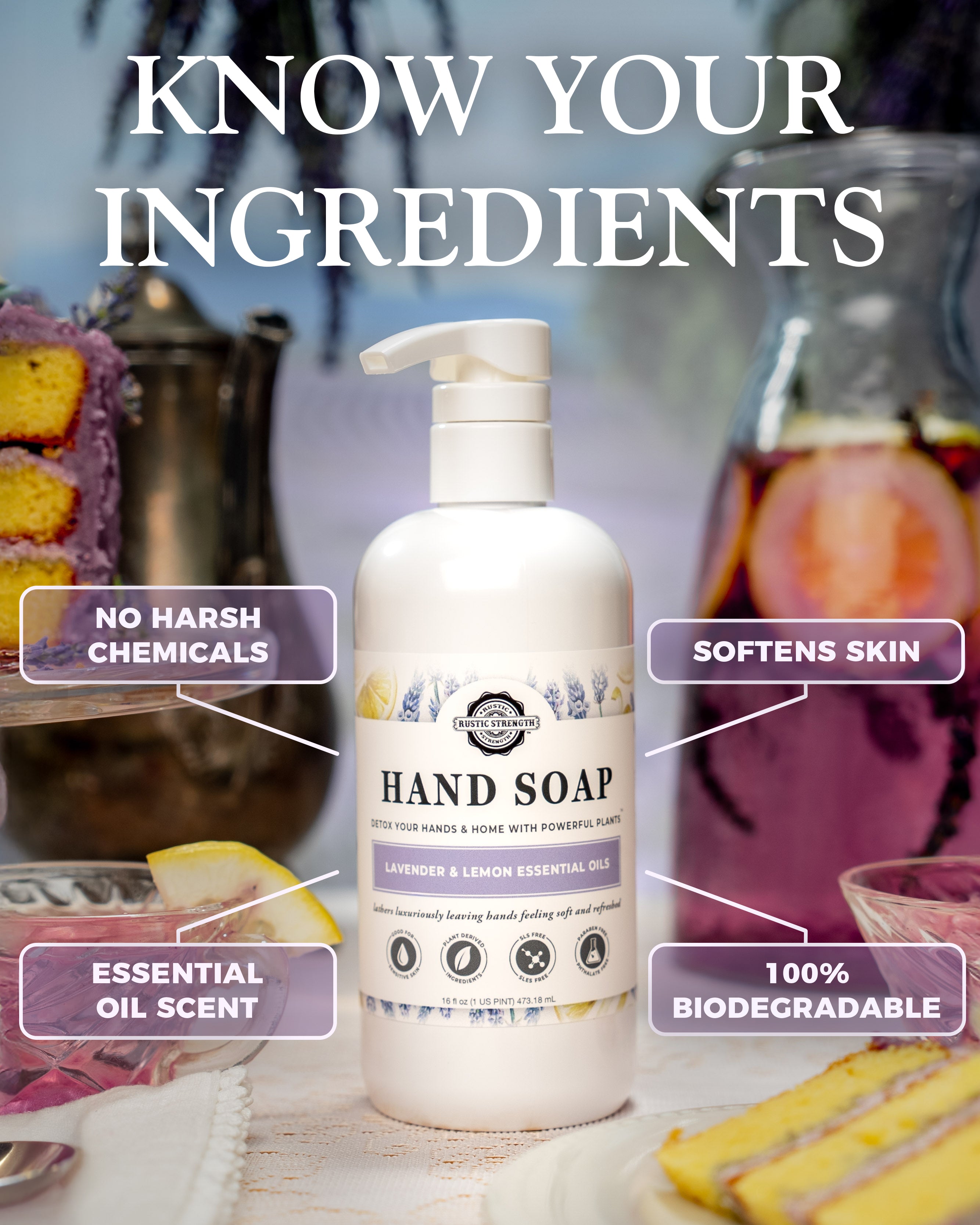 Hand soap bottle with features highlighted on a blurred background
