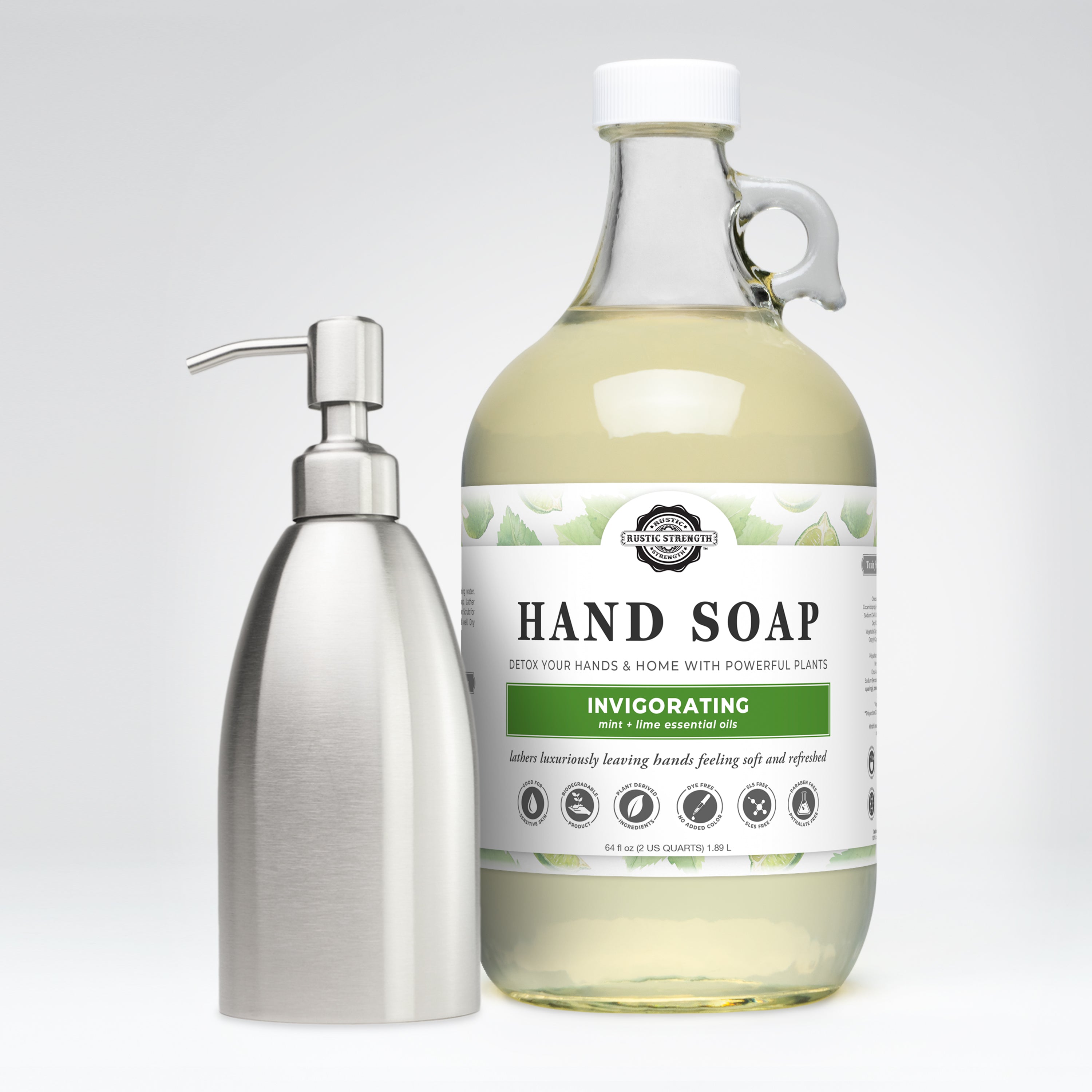Hand Soap 64 oz Glass Jug + Stainless Steel 16 oz Keeper Bottle
