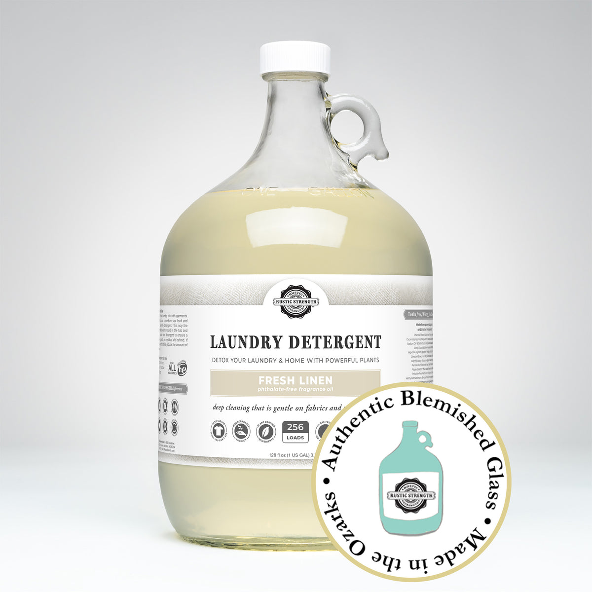 Laundry Detergent, Laundry Detergent, 1 Gallon, Glass Jug, Fresh Linen with badge that reads, "Authentic Blemished Glass, Made in the Ozarks"