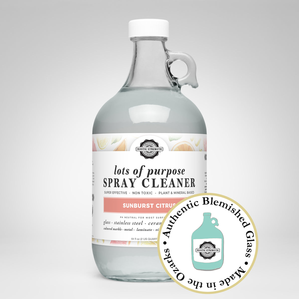 Rustic Strength, Lots of Purpose Spray Cleaner, Half Gallon, Glass Jug, Sunburst Citrus with badge that reads, "Authentic Blemished Glass, Made in the Ozarks"