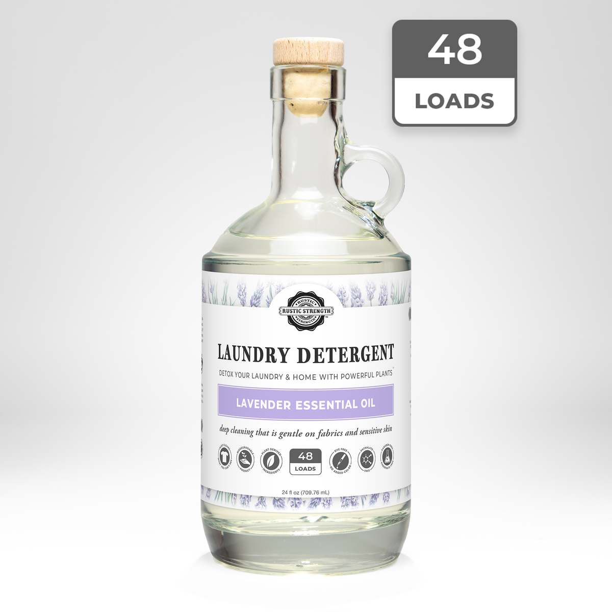 Rustic Strength, Laundry Detergent, 24oz, Glass Jug, Lavender with 48 Loads badge