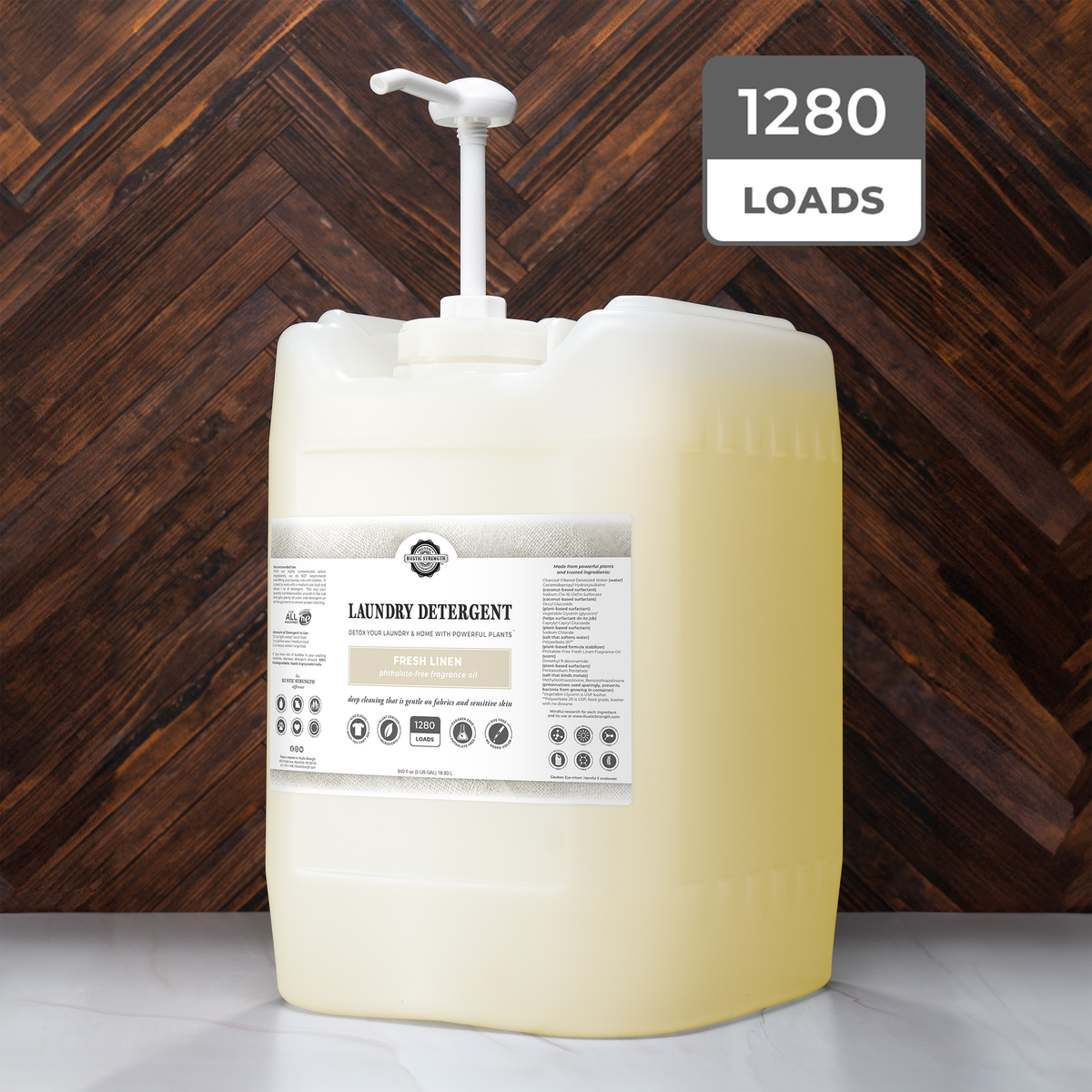 Rustic Strength, Laundry Detergent, 5 Gallon, Eco-Jug with pump, Fresh Linen with 1280 Loads badge