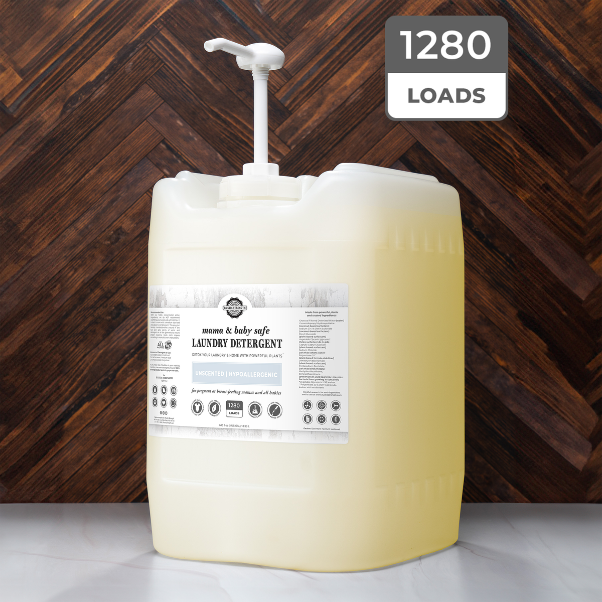 Rustic Strength, Laundry Detergent, 5 Gallon, Eco-Jug with pump, Mama & Baby Safe with 1280 Loads badge