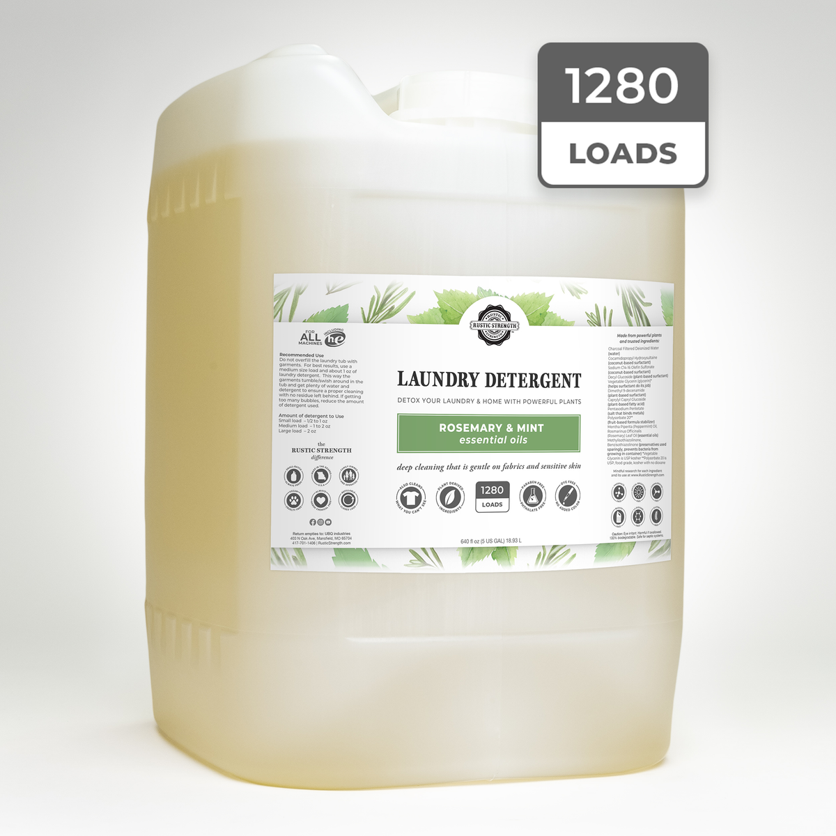Rustic Strength, Laundry Detergent, 5 Gallon, Eco-Jug, Rosemary & Mint with 1280 Loads badge