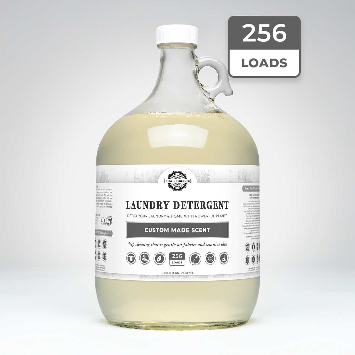 Rustic Strength, Laundry Detergent, 128oz Glass Jug, Custom Made Scent with 256 Loads badge