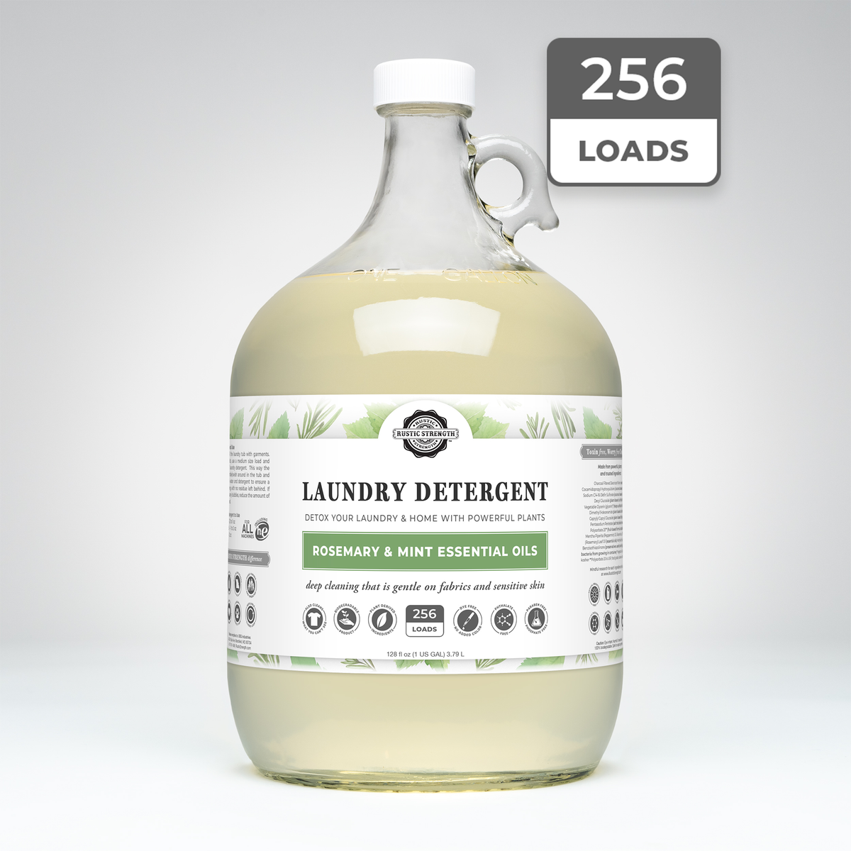 Rustic Strength, Laundry Detergent, 128oz, Glass Jug, Rosemary & Mint with 256 Loads badge
