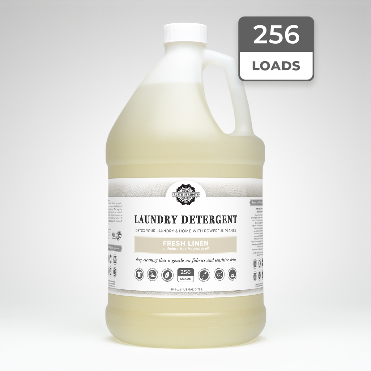 Rustic Strength, Laundry Detergent, 128oz, Plastic Jug, Fresh Linen with 256 Loads badge