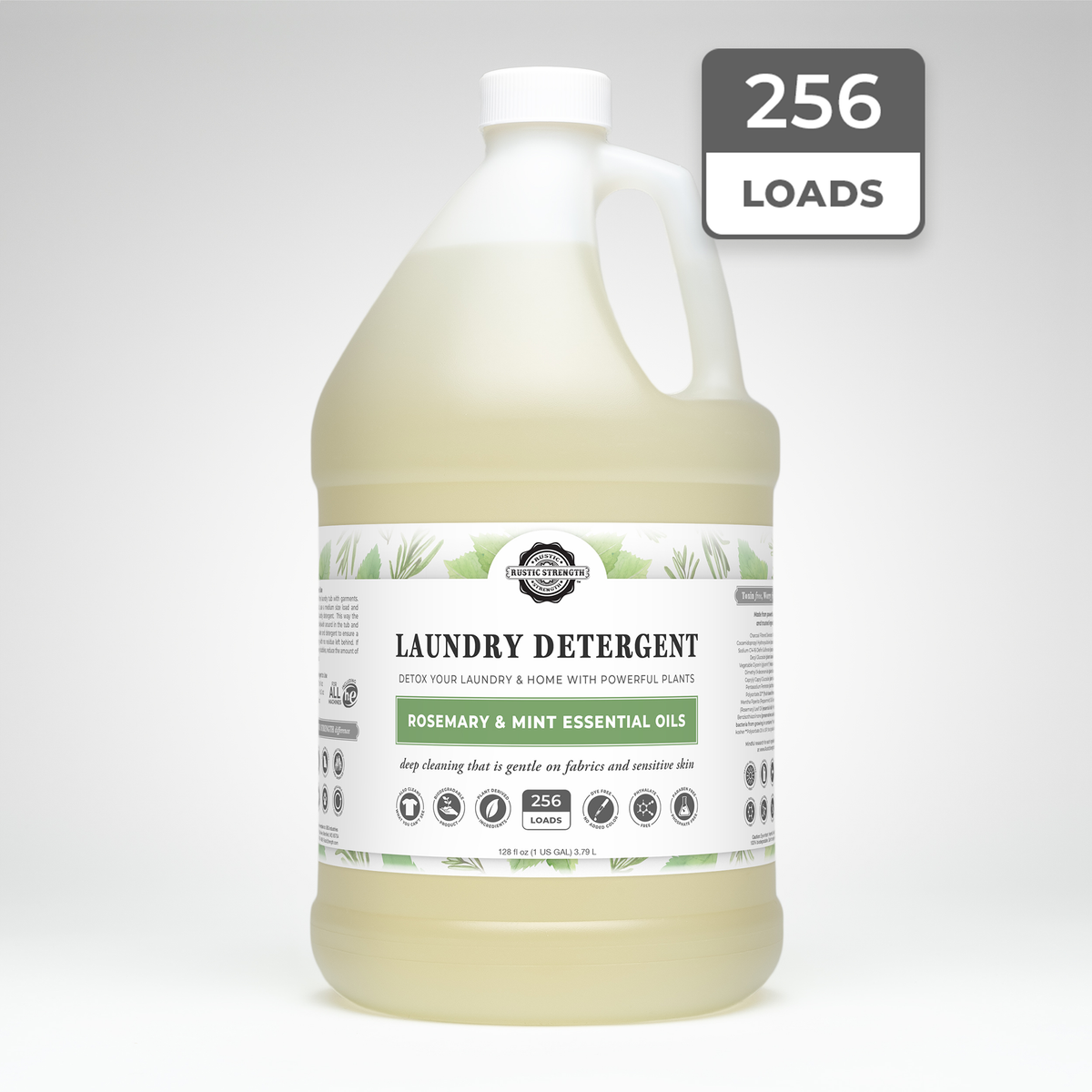 Rustic Strength, Laundry Detergent, 128oz, Plastic Jug, Rosemary & Mint with 256 Loads badge