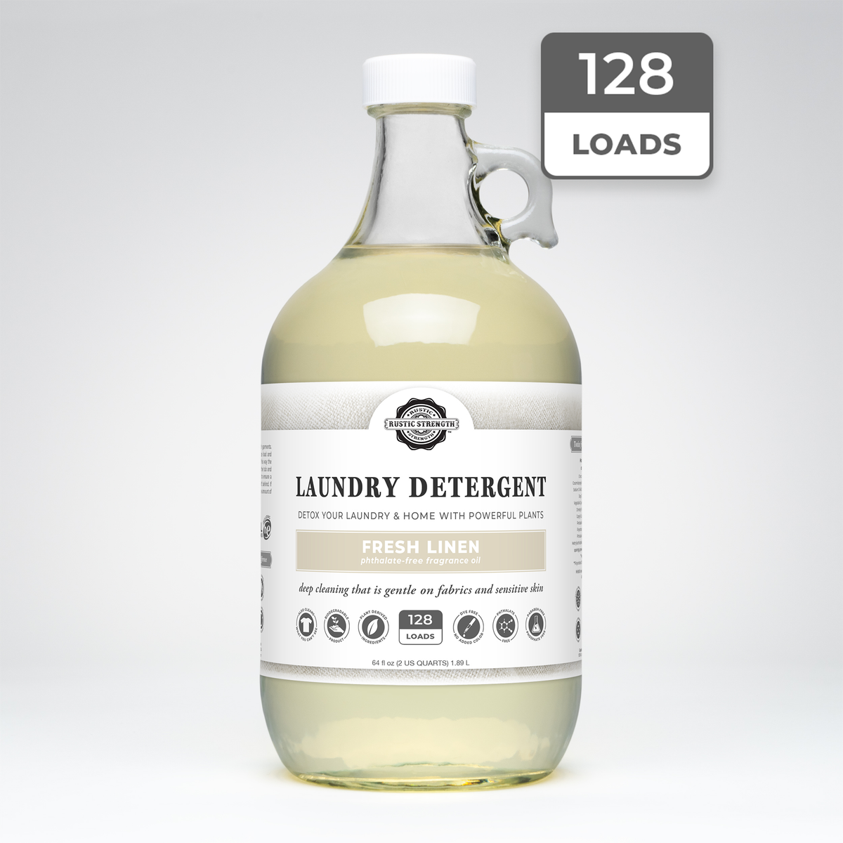 Rustic Strength, Laundry Detergent, 64oz, Glass Jug, Fresh Linen with 128 Loads badge