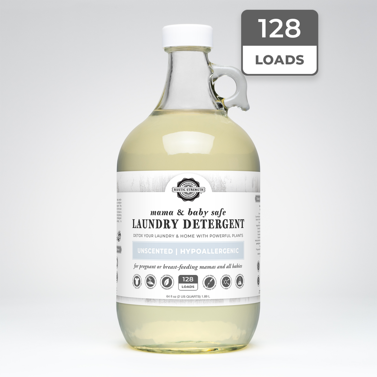 Rustic Strength, Laundry Detergent, 64oz, Glass Jug, Mama & Baby Safe with 128 Loads badge