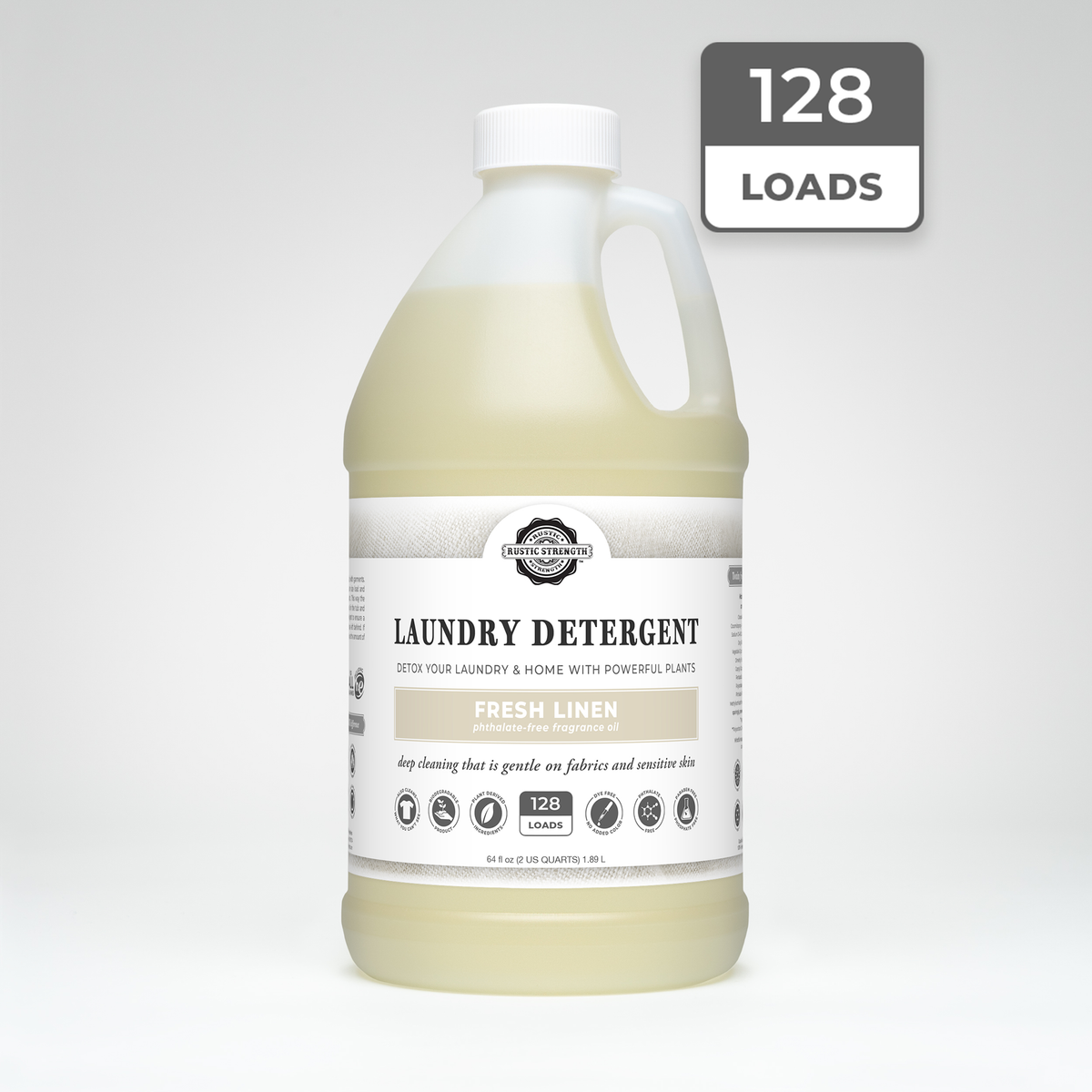 Rustic Strength, Laundry Detergent, 64oz, Plastic Jug, Fresh Linen with 128 Loads badge