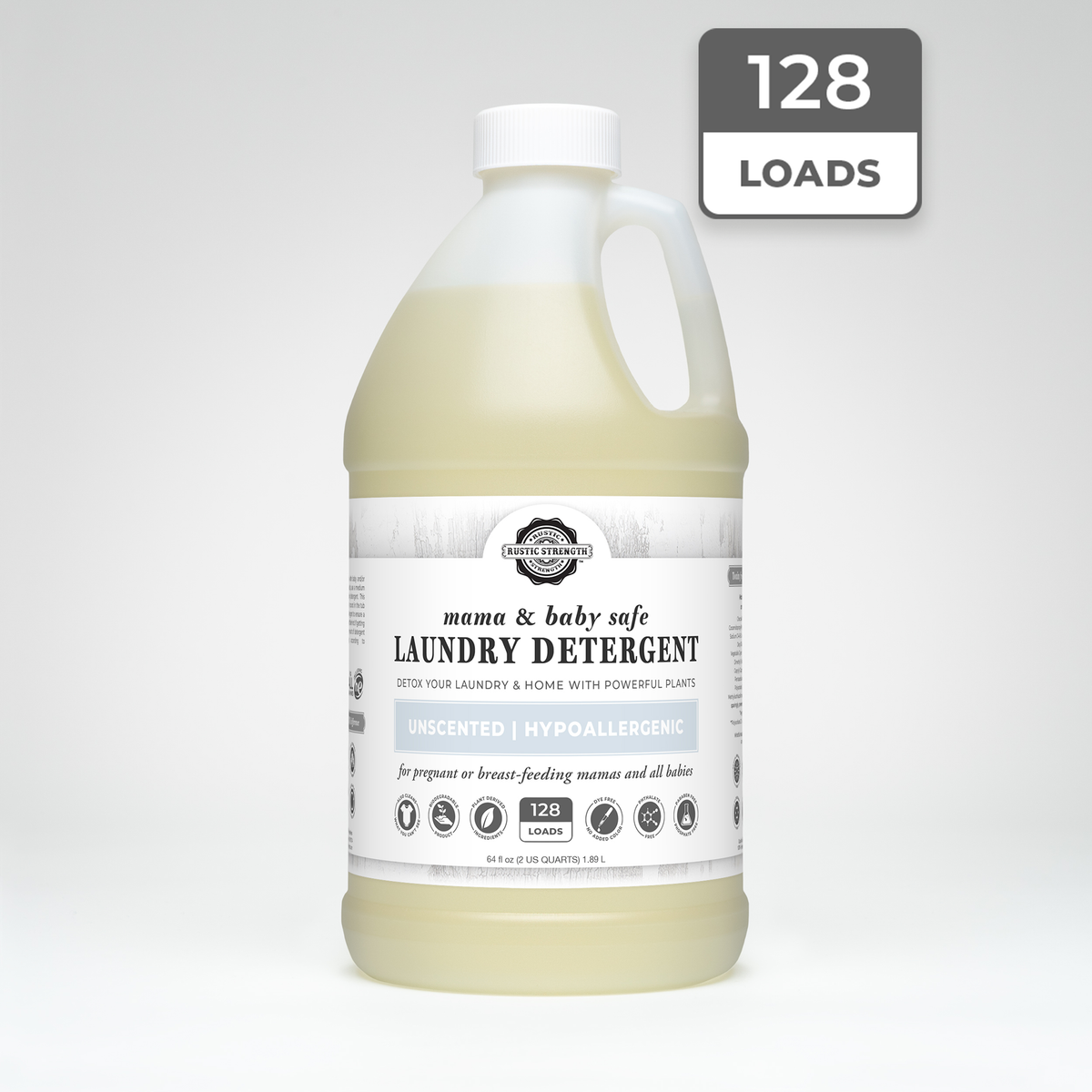 Rustic Strength, Laundry Detergent, 64oz, Plastic Jug, Mama & Baby Safe with 128 Loads badge