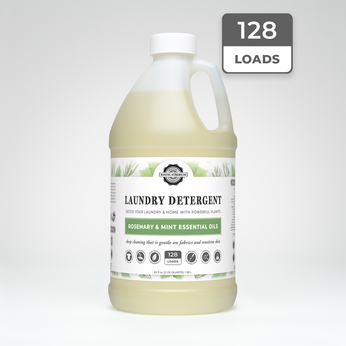 Rustic Strength, Laundry Detergent, 64oz, Plastic Jug, Rosemary & Mint with 128 Loads badge