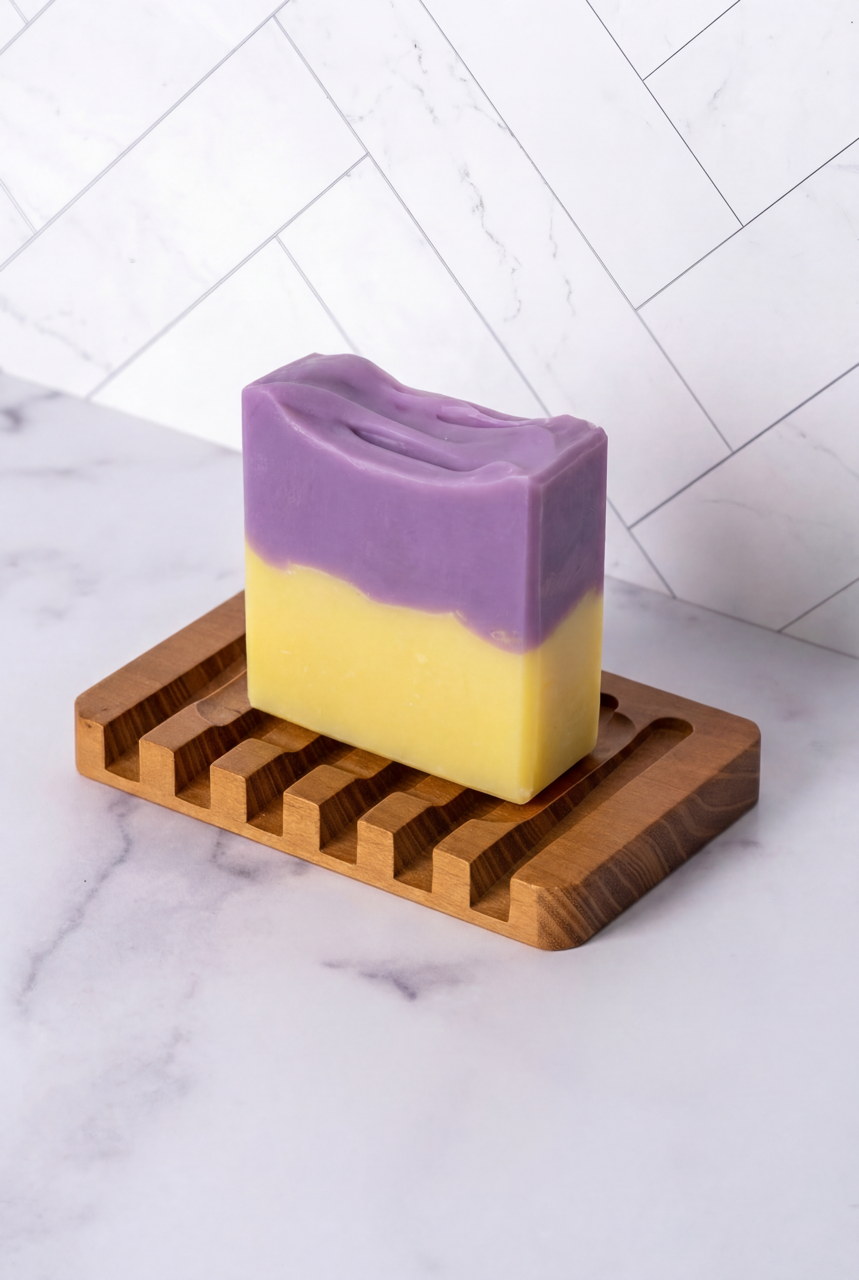 lavender lemon soap on a teakwood tray