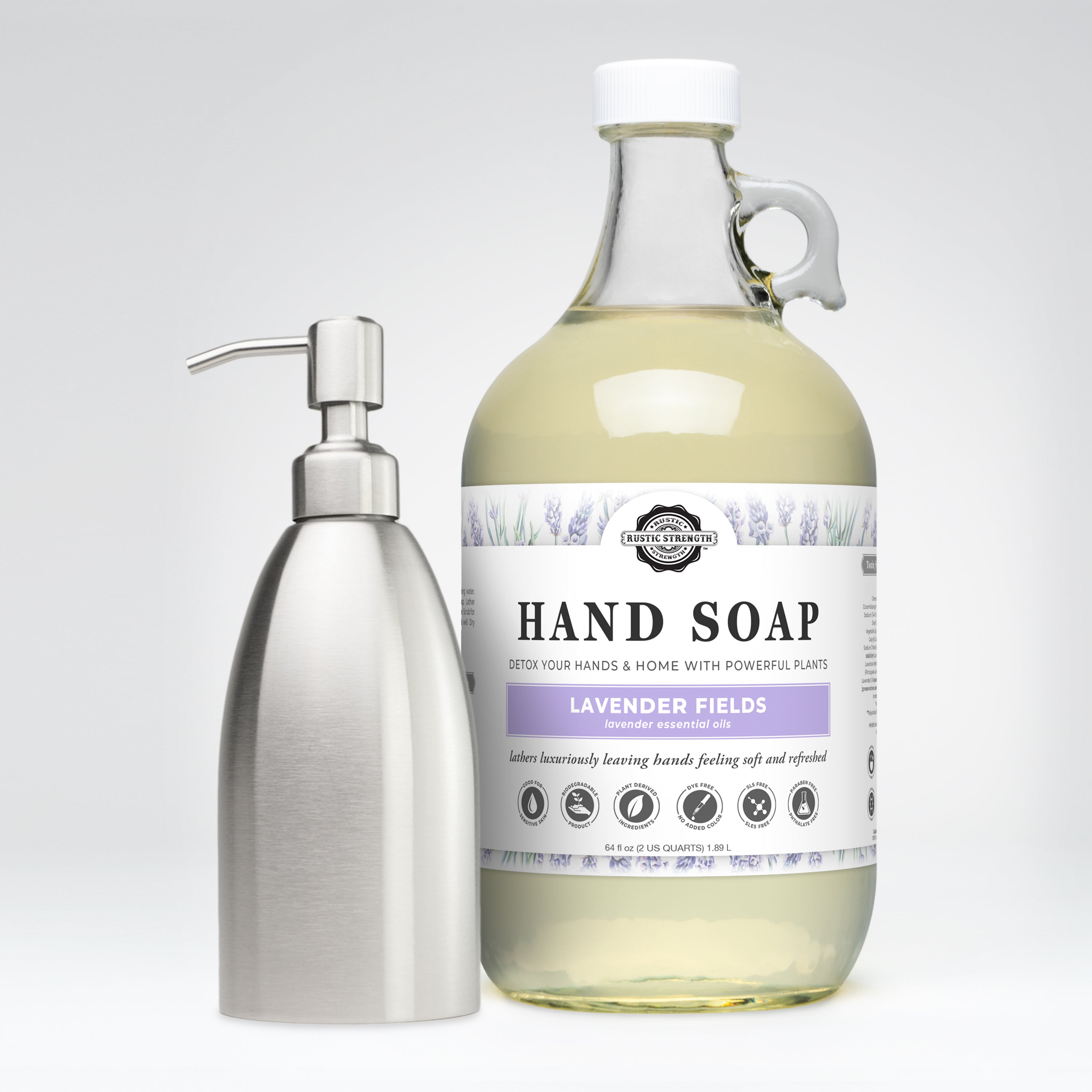 Hand Soap 64 oz Glass Jug + Stainless Steel 16 oz Keeper Bottle