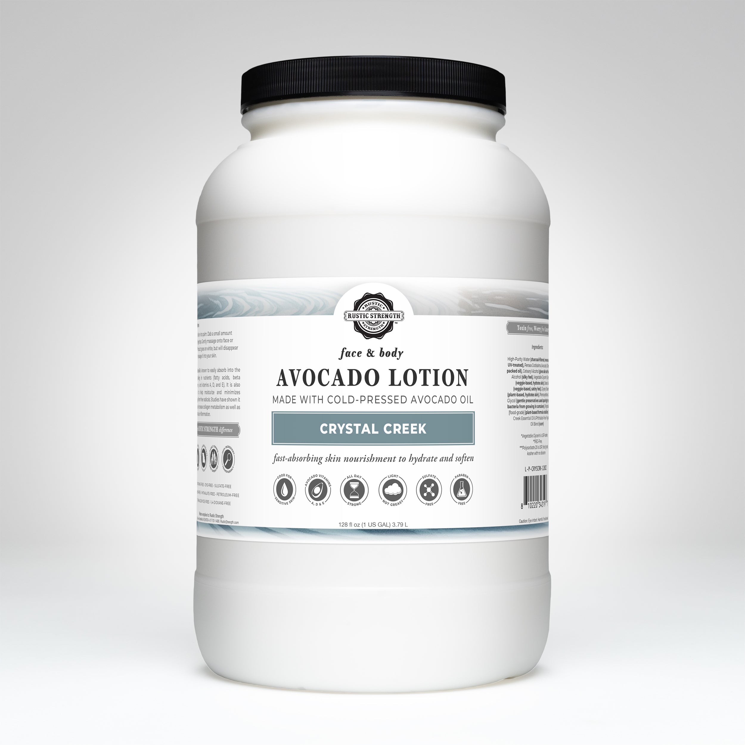 Gallon plastic Crystal Creek scented Avocado lotion container with label on a white background