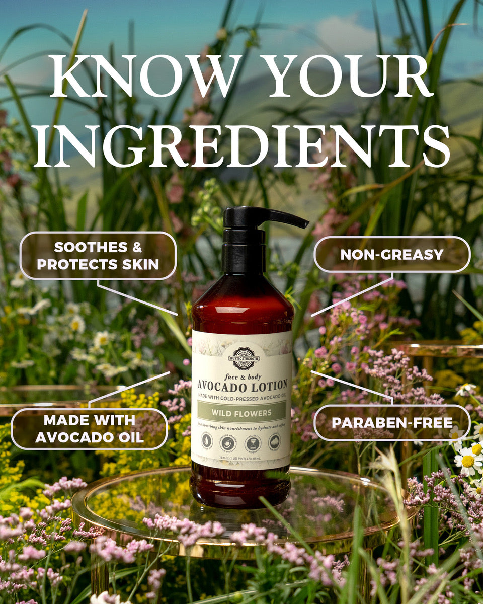 16 ounce plastic bottle of avocado lotion in Wild Flowers scent