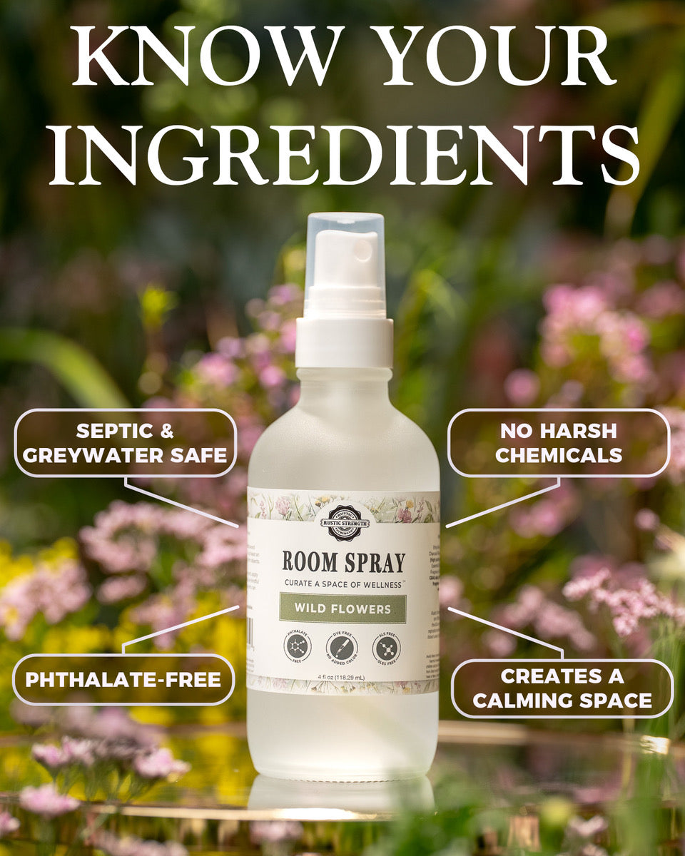 Four ounce plastic bottle of room spray in Wild Flowers scent