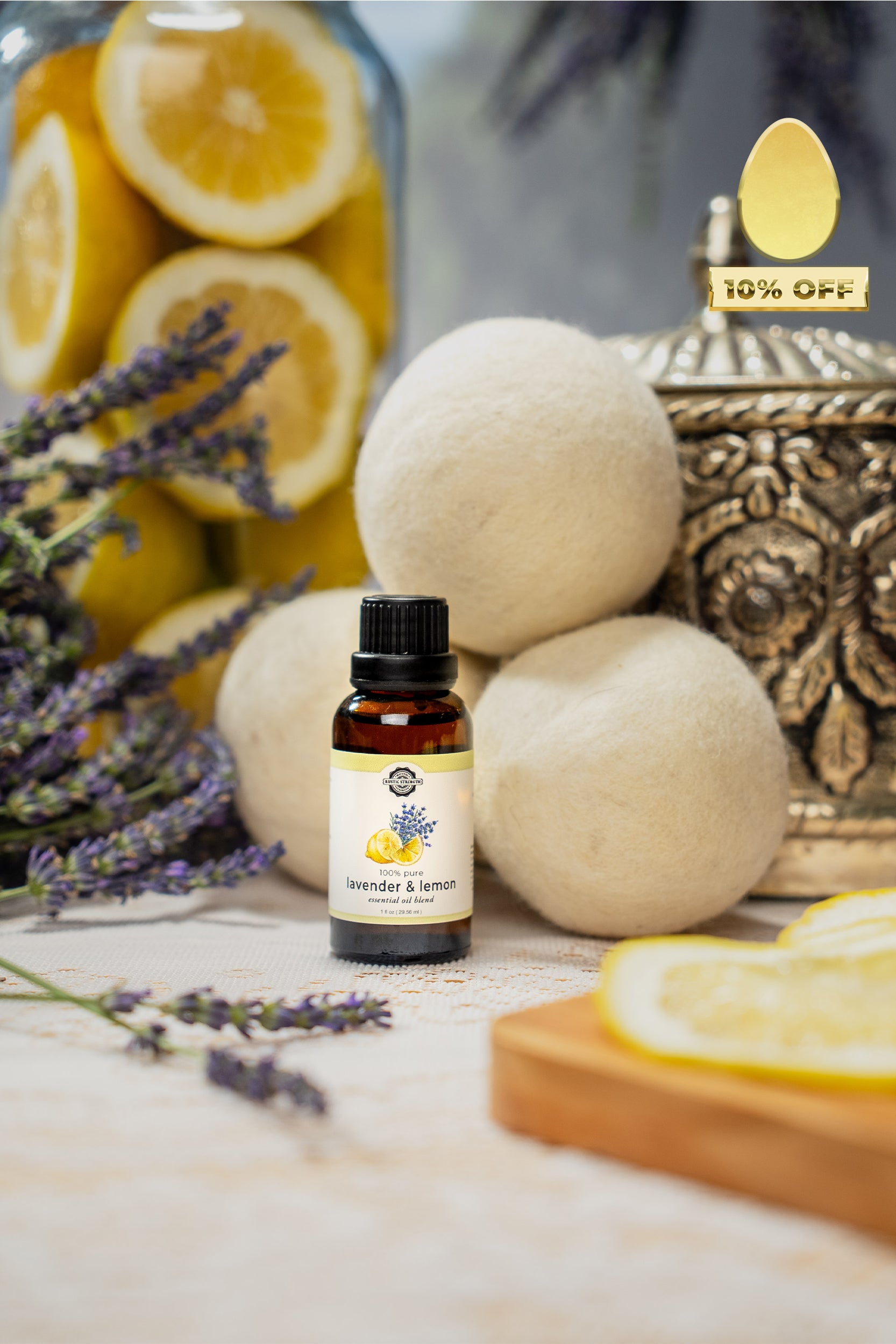 wool dryer balls and lavender lemon essential oil