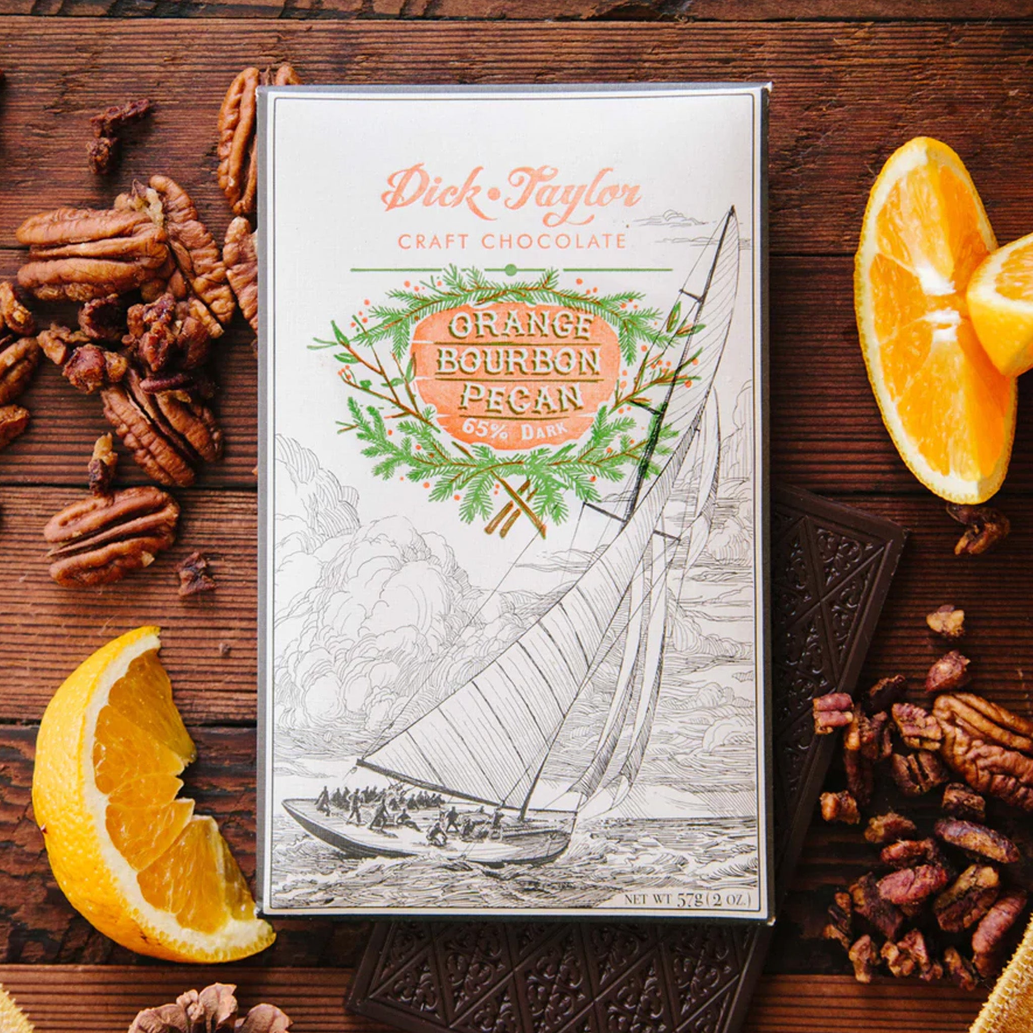 Dark Chocolate | Dick Taylor | Orange Bourbon Pecan 65% 2 oz