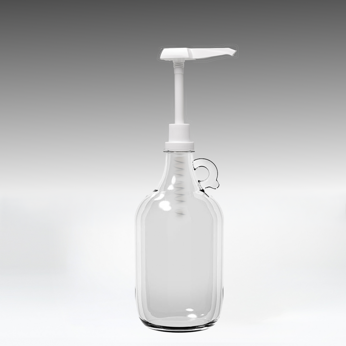 Rustic Strength, Pump that fits Half Gallon Glass Jug, shown on a clear glass bottle  on a neutral gray gradient background.