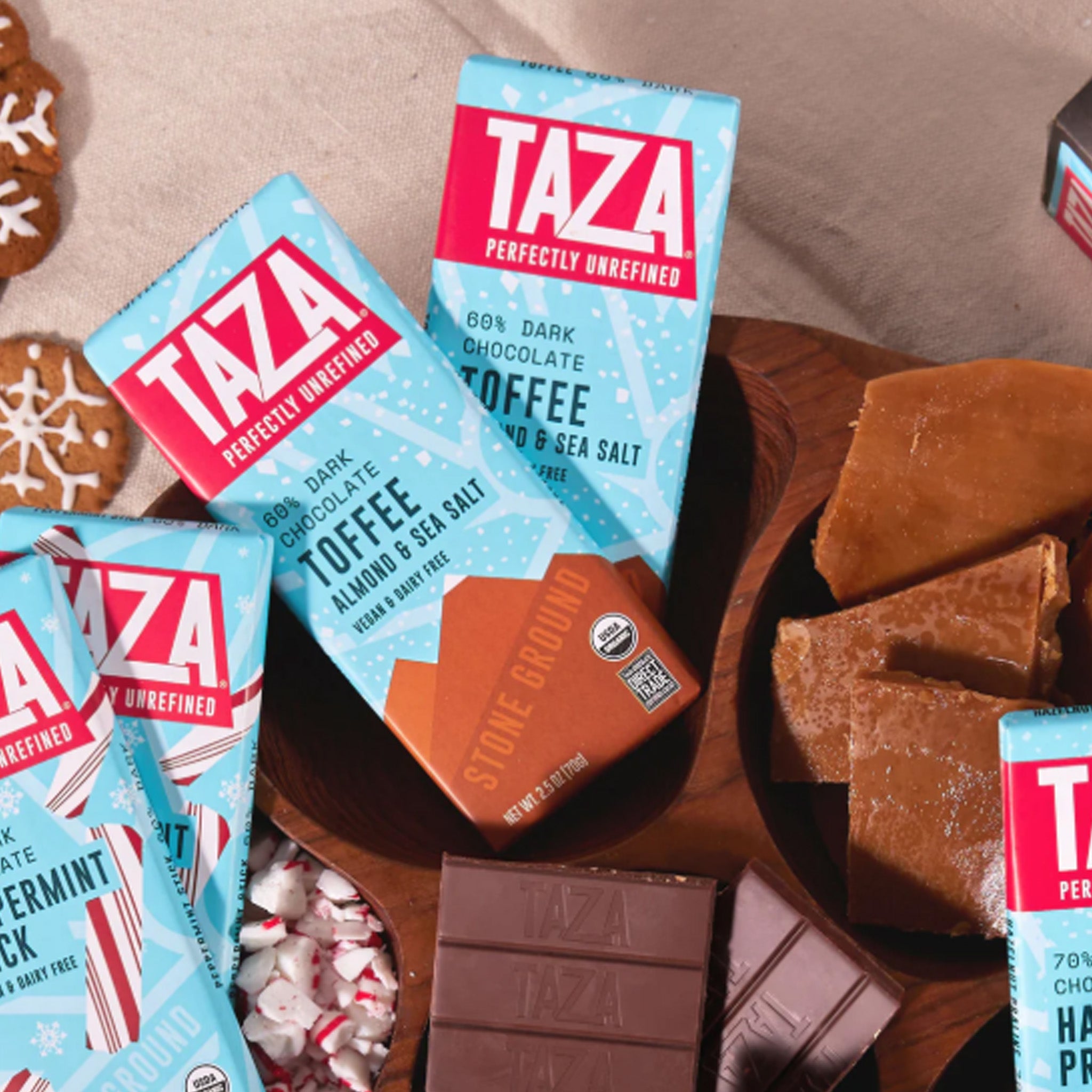 Dark Chocolate | Taza Organic | Toffee Almond Holiday Bar 60% 2.5 oz
